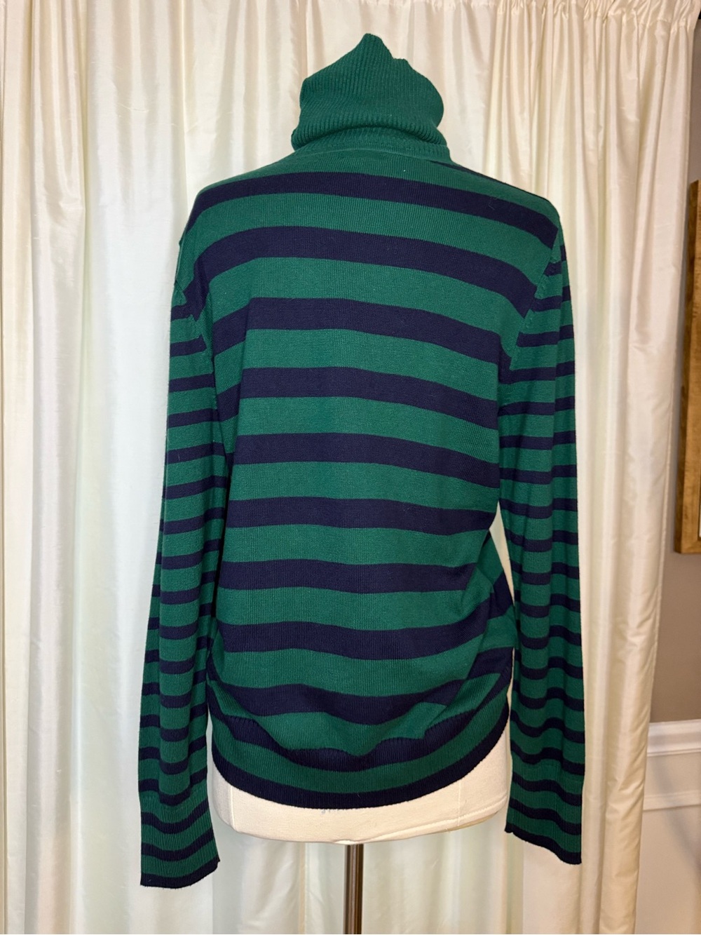 L.L.Bean Women’s Cotton Cashmere Striped Turtleneck Sweater Green Navy M Preppy - Picture 5 of 10